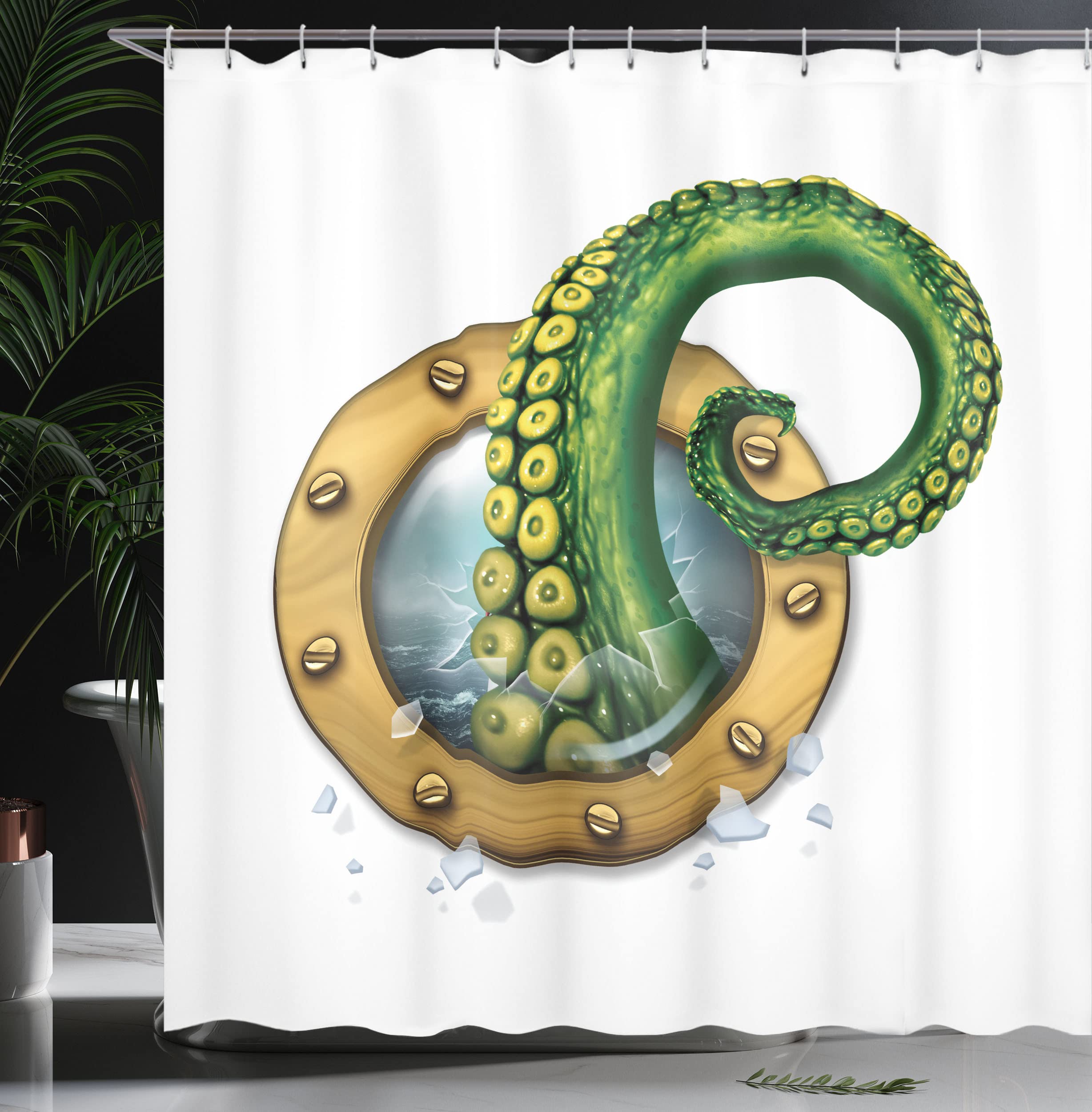 Ambesonne Octopus Shower Curtain, Ship Porthole Tentacles, Cloth Fabric Bathroom Decor Set With Hooks, 69'' W X 70'' L, Fern Bro